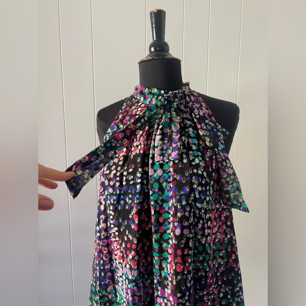 Kate Spade Bow Sleeveless Blouse, black with multicolor and gold, size SM